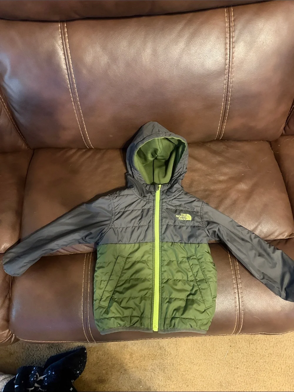 The North Face Reversible Kids Green & Neon Yellow Striped Hooded Zip Jacket